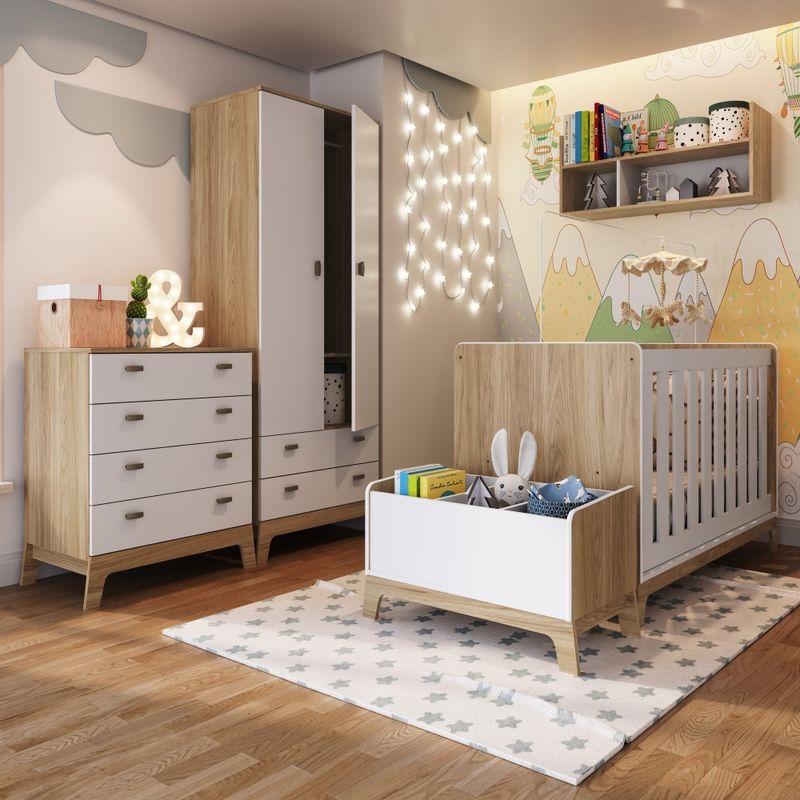 Quarto Infantil com Berço, Cômoda e Roupeiro Marrom e Branco Aconchego  Completa Móveis