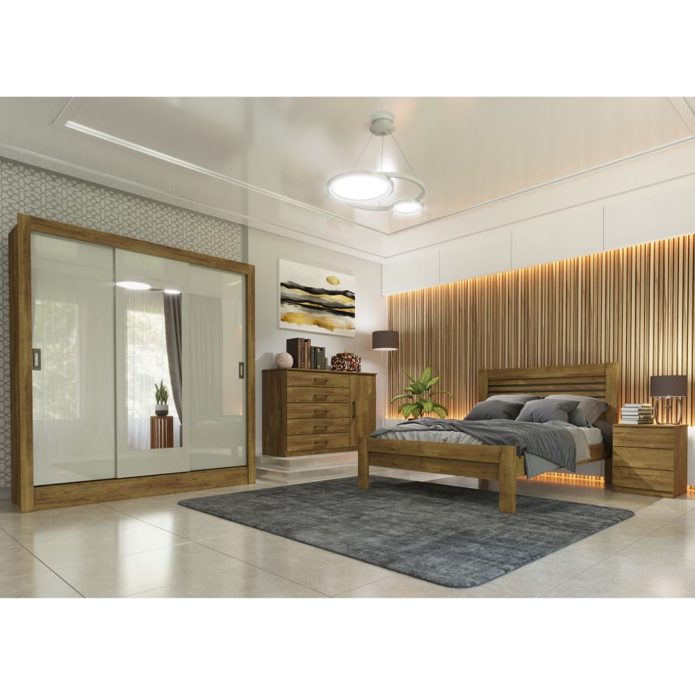 Guarda Roupa Armário Roupeiro 3 Portas 4 Gavetas Com Espelho Malibu Quarto Castanho E Branco