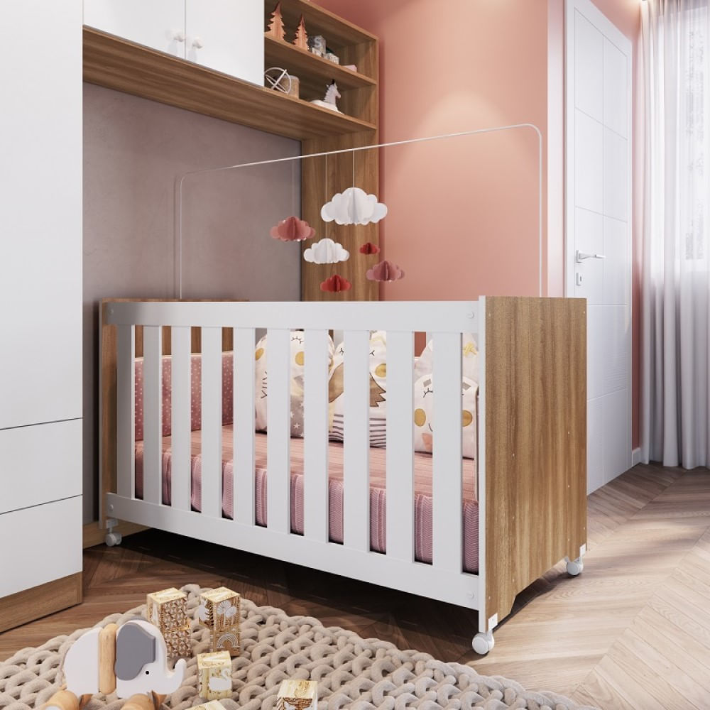 Berço Bebe Infantil Americano com Colchão e Mosquiteiro Completa Branco Nogal