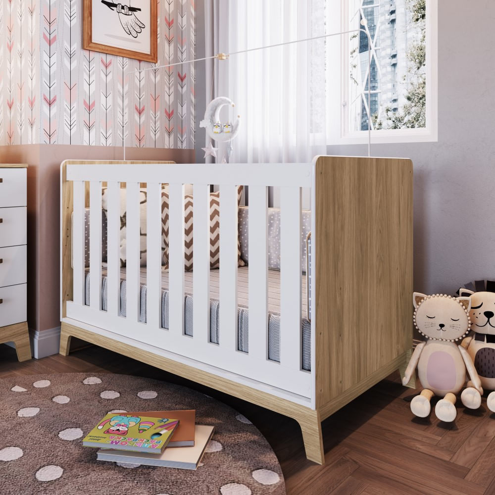 Berço Bebe Cama Solteiro Infantil Americano com Colchão Completa 3 em 1 Branco Marrom