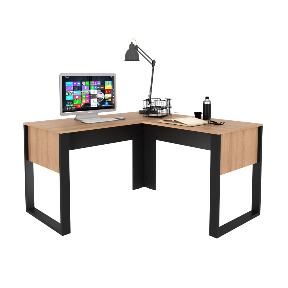 Mesa em L para Escritório 136x136cm Tecnomobili Amêndoa/Preto - ME4181